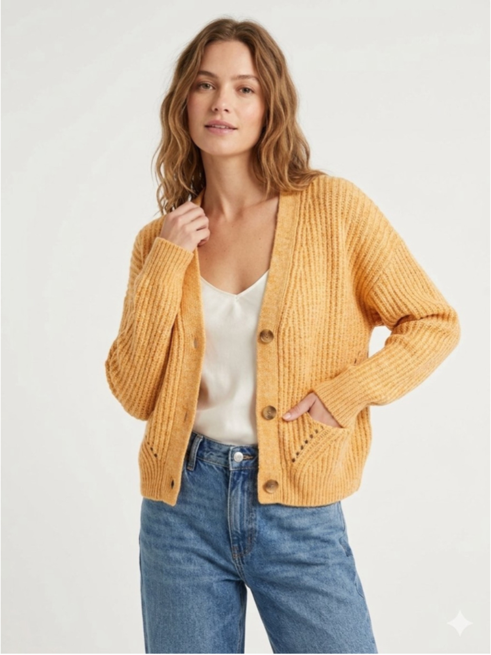 Women's Mango MNG Yellow Ribbed Chunky Knit Cardigan Sweater Large - 839